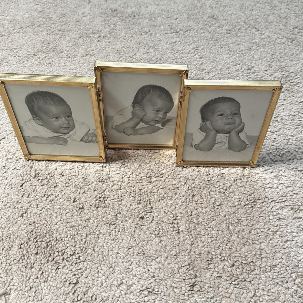 Vintage Gold Tone Tri Fold 3 Photo Frame Hinged Triptych Brass 4x6 Ornate